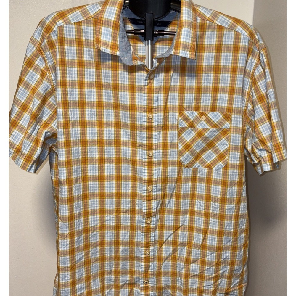Vintage Tommy Hilfiger Orange Plaid Button Down Cotton Short Sleeve Mens XXL